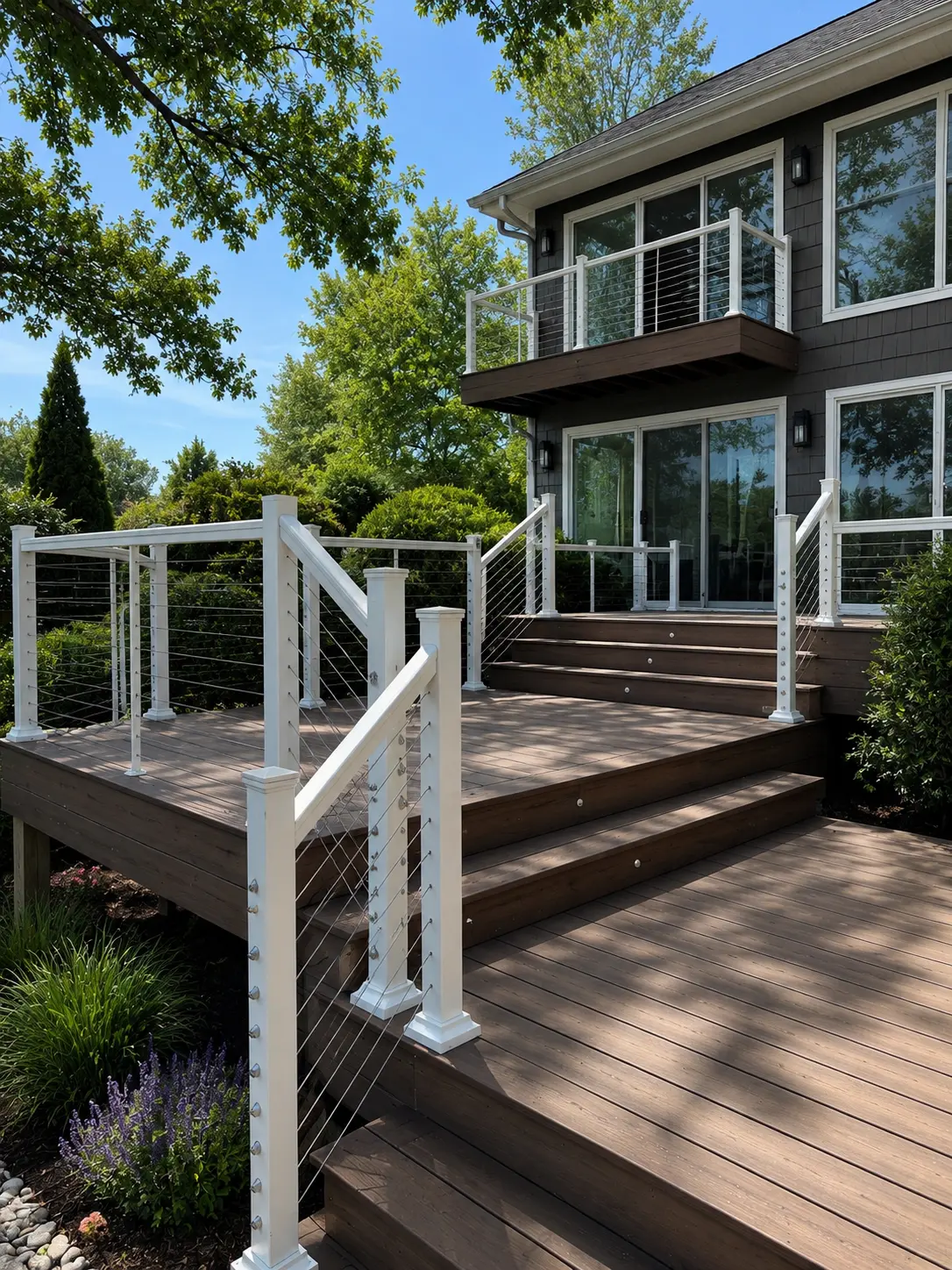 Multi-level composite deck with white cable railing built by Capitol Decks near Madison WI